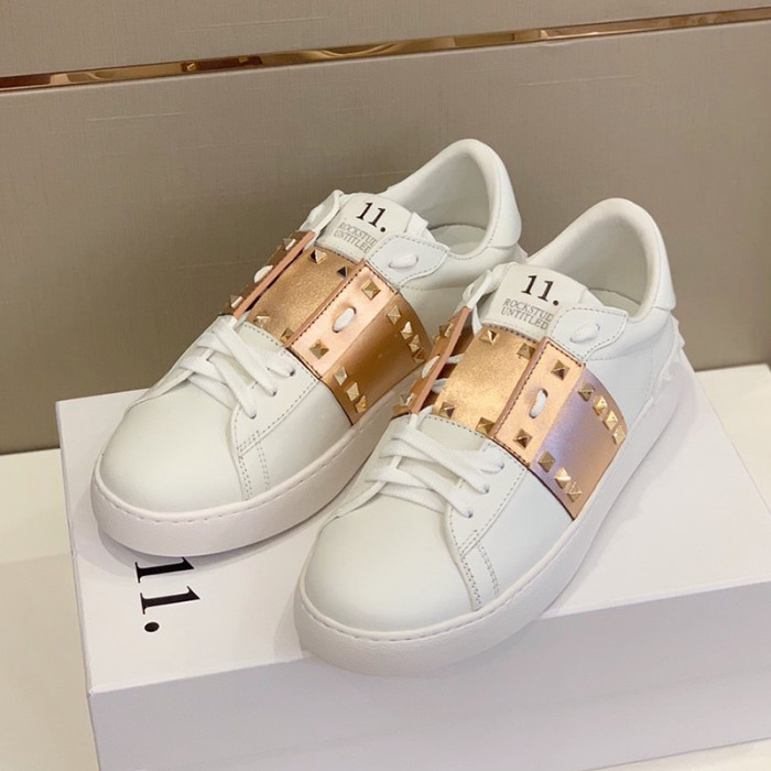 Valentino Women Shoes Fashion Design Luxury Brand ROCKSTUD UNTITLED SNEAKER IN CALFSKIN LEATHER WITH METALLIC STRIPE
