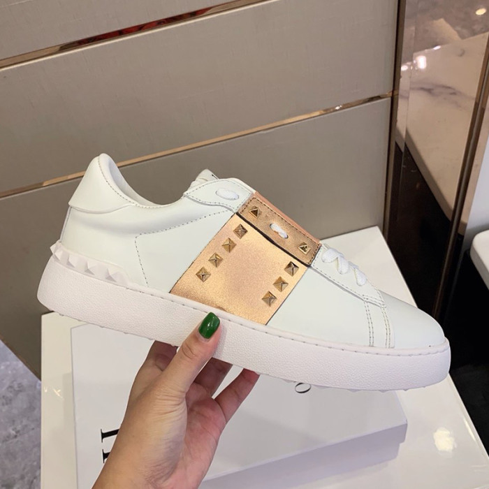 Valentino Women Shoes Fashion Design Luxury Brand ROCKSTUD UNTITLED SNEAKER IN CALFSKIN LEATHER WITH METALLIC STRIPE