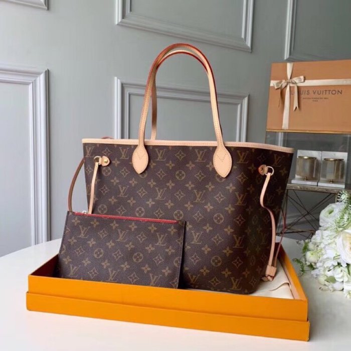 Louis Vuitton Womens Bags Luxury Brand Fashion Type NEVERFULL MM Cerise Red Monogram Canvas Handbags M41177