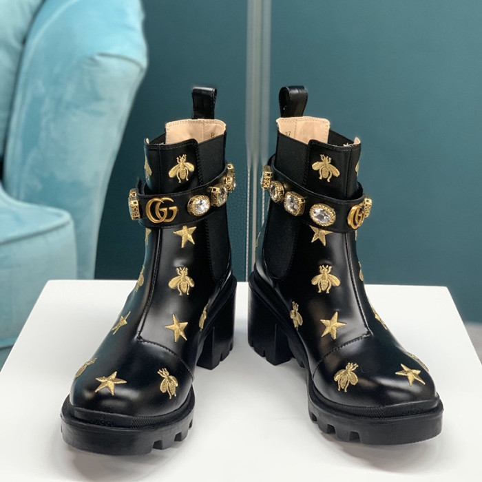 Gucci Women Shoes Boots Luxury Brand Embroidered Leather Ankle Boot with Belt 557735 AYO10 1000