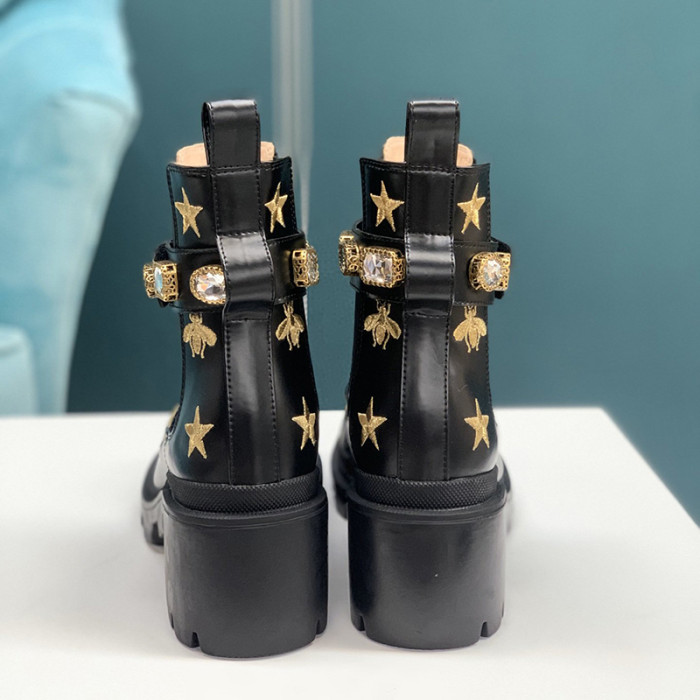 Gucci Women Shoes Boots Luxury Brand Embroidered Leather Ankle Boot with Belt 557735 AYO10 1000