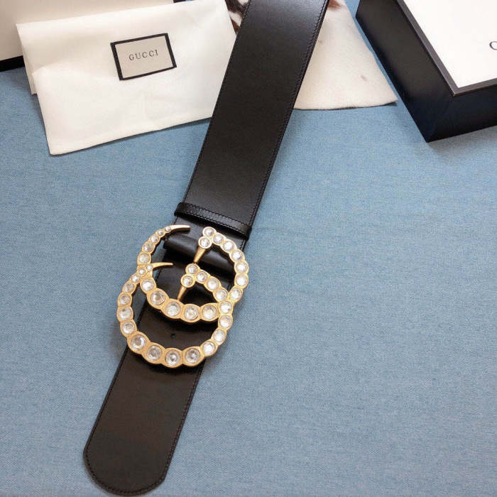 Gucci Womens Belts Luxury Design Black Wide Leather Belt with Pearl Double G