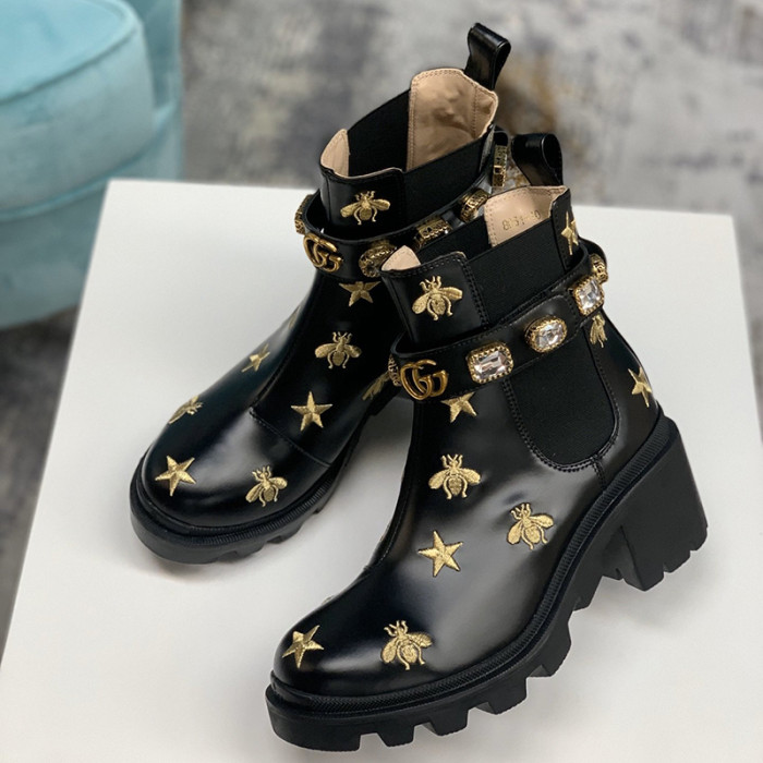 Gucci Women Shoes Boots Luxury Brand Embroidered Leather Ankle Boot with Belt 557735 AYO10 1000