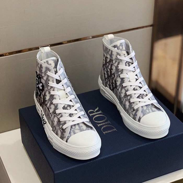 Dior Men Shoes B23 HIGH-TOP Sneaker Black And White Dior Oblique Canvas With DIOR AND SHAWN Bee Embroidery Patch