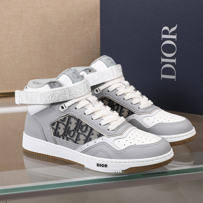 Dior Men Shoes Sneakers Luxury B27 High-Top Sneaker Gray And White Smooth Calfskin With Beige And Black Dior Oblique Jacquard