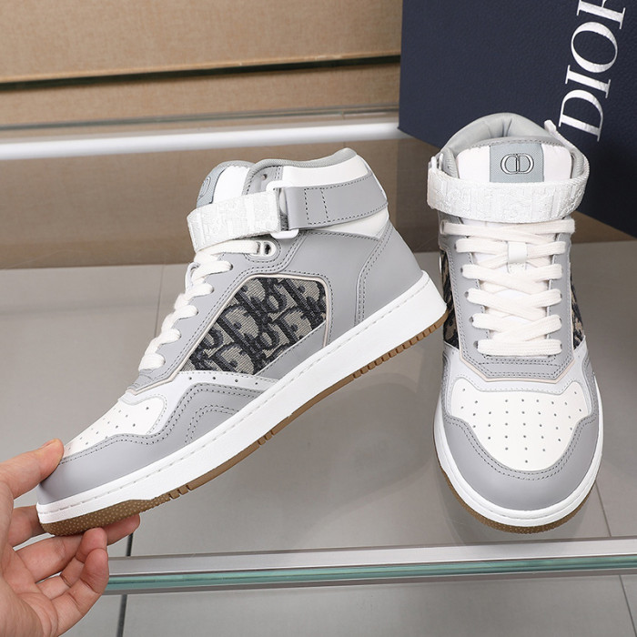 Dior Men Shoes Sneakers Luxury B27 High-Top Sneaker Gray And White Smooth Calfskin With Beige And Black Dior Oblique Jacquard