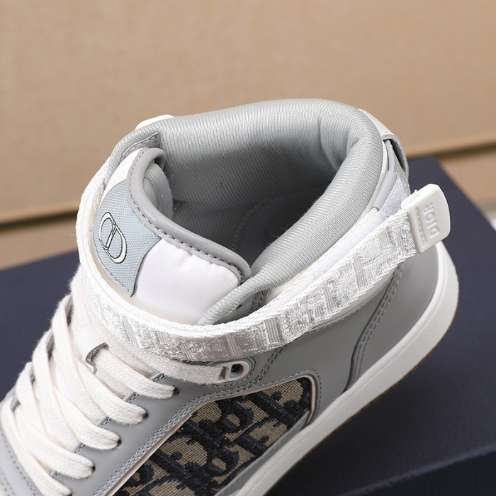 Dior Men Shoes Sneakers Luxury B27 High-Top Sneaker Gray And White Smooth Calfskin With Beige And Black Dior Oblique Jacquard