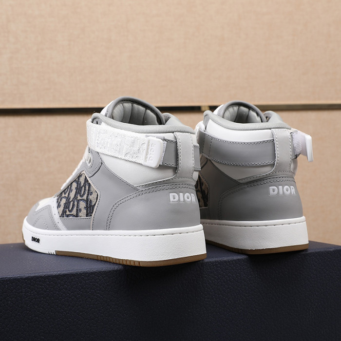 Dior Men Shoes Sneakers Luxury B27 High-Top Sneaker Gray And White Smooth Calfskin With Beige And Black Dior Oblique Jacquard