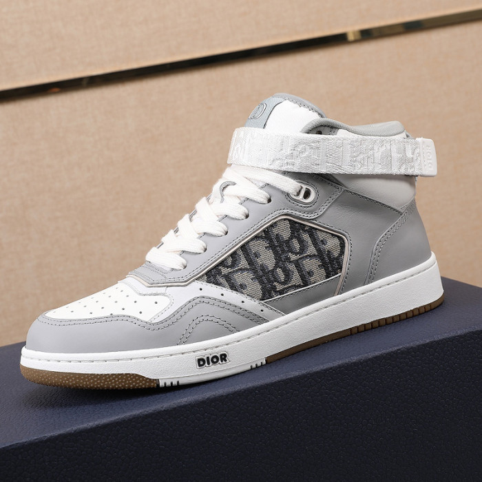 Dior Men Shoes Sneakers Luxury B27 High-Top Sneaker Gray And White Smooth Calfskin With Beige And Black Dior Oblique Jacquard