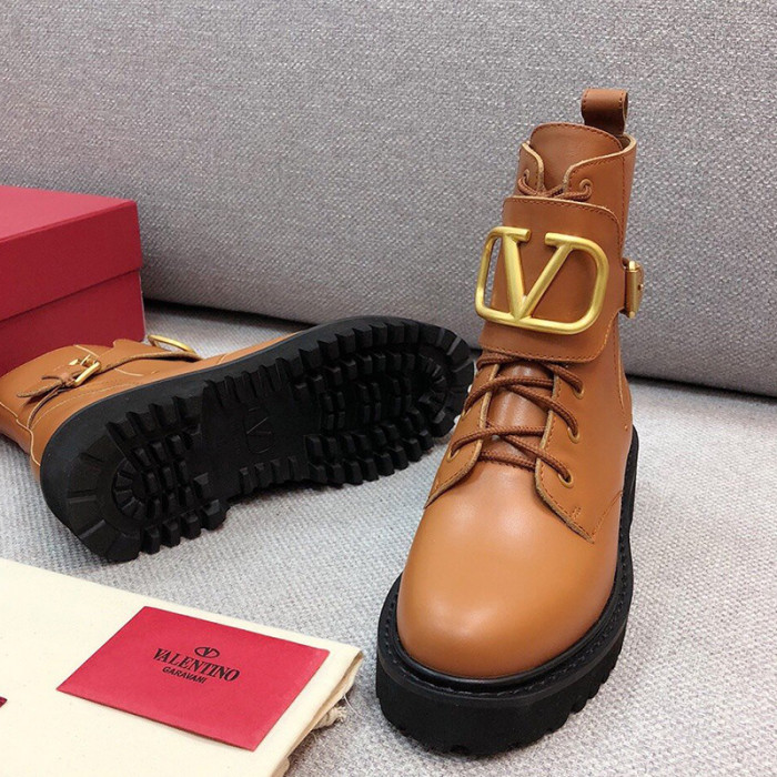 Valentino Garavani Women Fashion Ankle Boots Luxury Brand Vlogo Signature Calfskin Combat Boot 35mm / .8 In. Brown