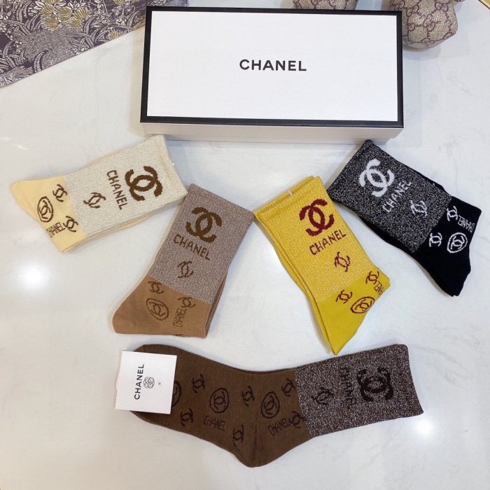 Chanel Socks 5 Pairs with Original Box Luxury Brand Breathable Chanel Sock