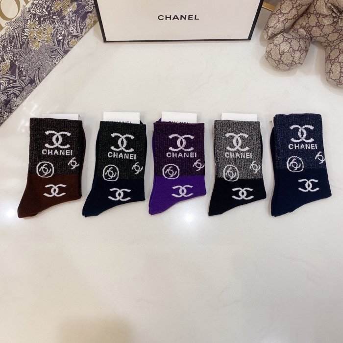 Chanel Socks 5 Pairs with Original Box Luxury Brand Breathable Chanel Sock