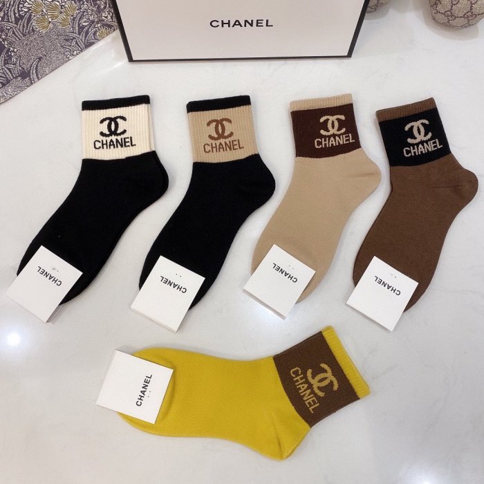 Chanel Socks 5 Pairs with Original Box Luxury Brand Breathable Chanel Sock