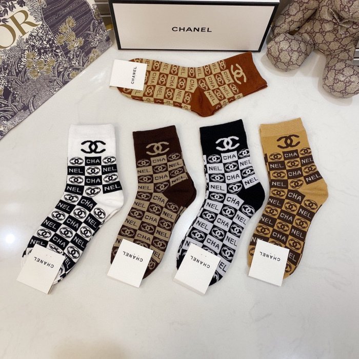 Chanel Socks 5 Pairs with Original Box Luxury Brand Breathable Chanel Sock
