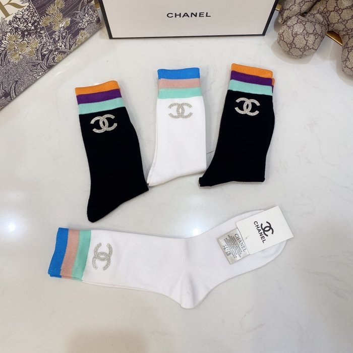Chanel Socks 4 Pairs with Original Box Luxury Brand Breathable Chanel Sock