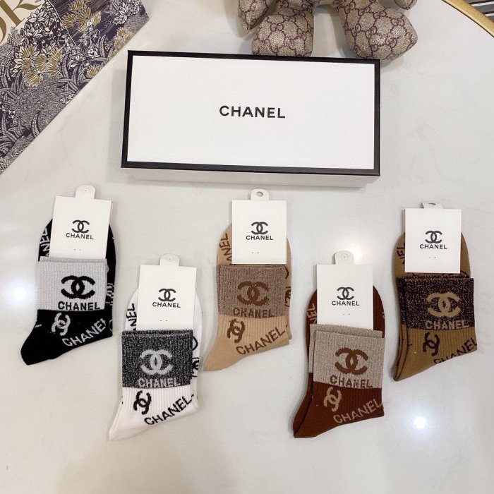 Chanel Socks 5 Pairs with Original Box Luxury Brand Breathable Chanel Sock