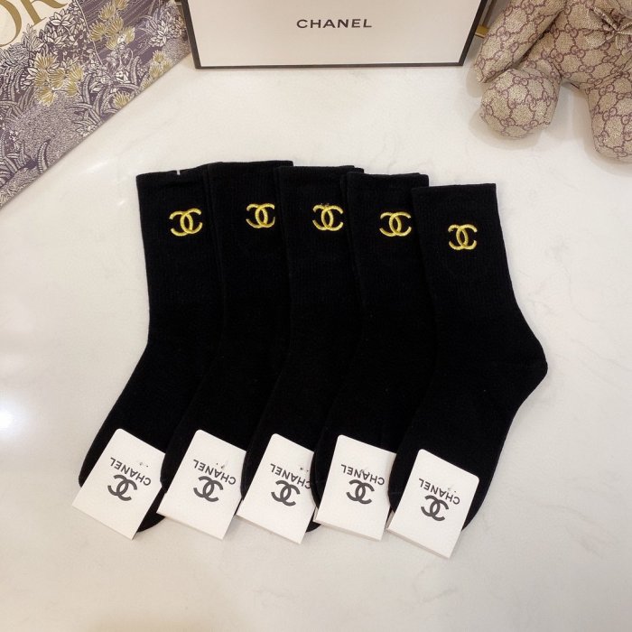 Chanel Socks 5 Pairs with Original Box Luxury Brand Breathable Chanel Sock