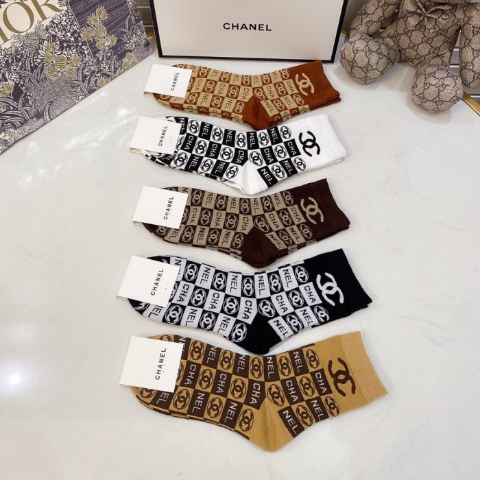 Chanel Socks 5 Pairs with Original Box Luxury Brand Breathable Chanel Sock