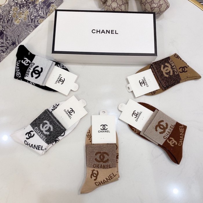 Chanel Socks 5 Pairs with Original Box Luxury Brand Breathable Chanel Sock