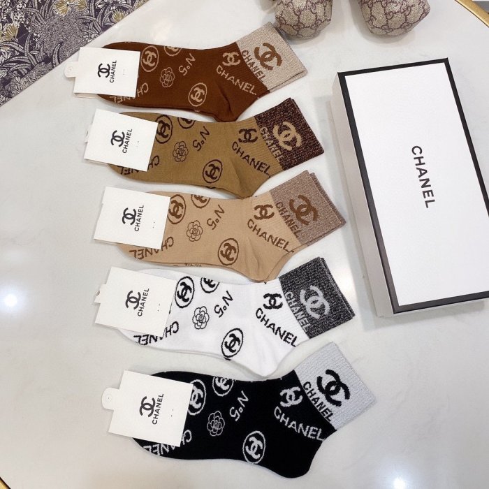 Chanel Socks 5 Pairs with Original Box Luxury Brand Breathable Chanel Sock