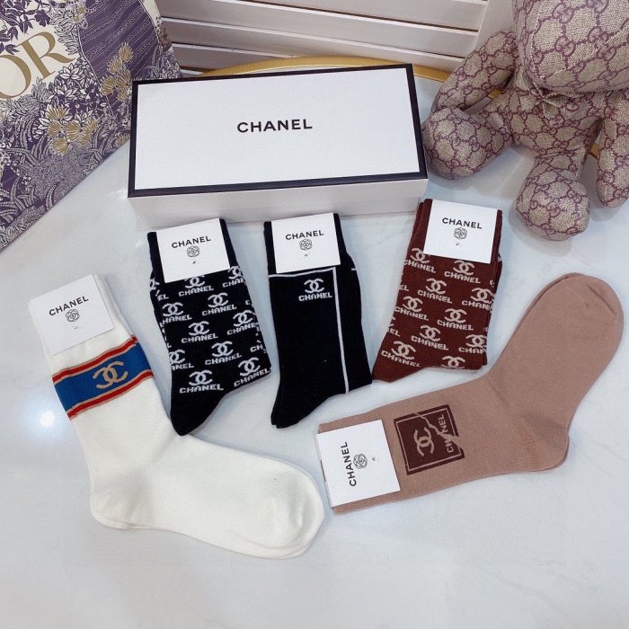 Chanel Socks 5 Pairs with Original Box Luxury Brand Breathable Chanel Sock