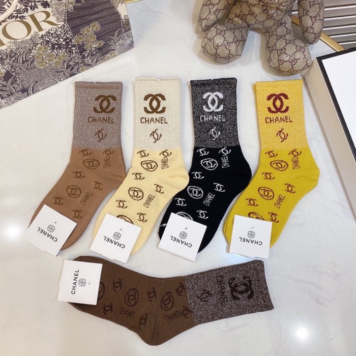 Chanel Socks 5 Pairs with Original Box Luxury Brand Breathable Chanel Sock