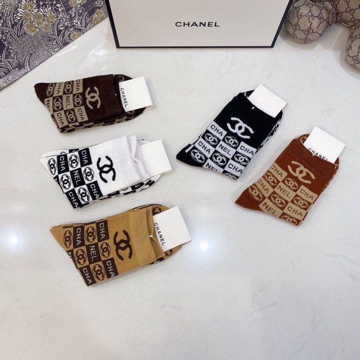 Chanel Socks 5 Pairs with Original Box Luxury Brand Breathable Chanel Sock