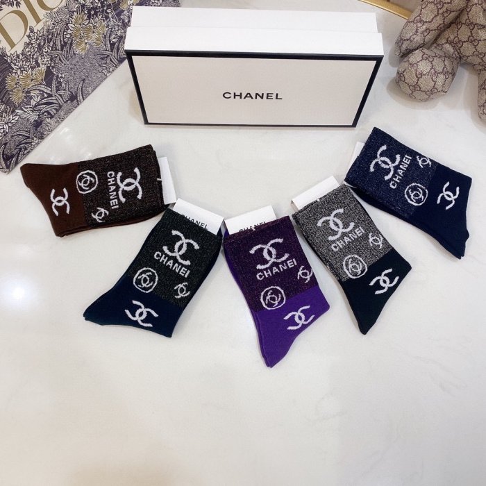 Chanel Socks 5 Pairs with Original Box Luxury Brand Breathable Chanel Sock