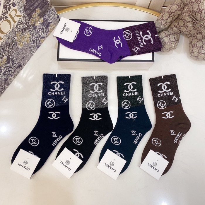 Chanel Socks 5 Pairs with Original Box Luxury Brand Breathable Chanel Sock