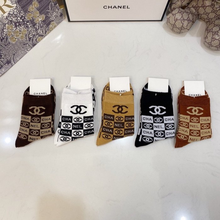 Chanel Socks 5 Pairs with Original Box Luxury Brand Breathable Chanel Sock