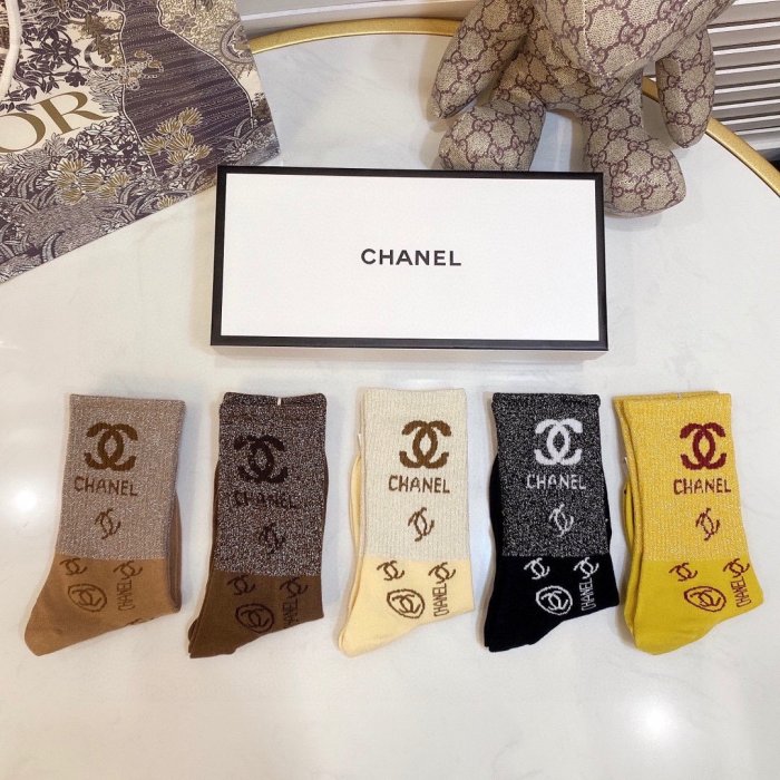 Chanel Socks 5 Pairs with Original Box Luxury Brand Breathable Chanel Sock