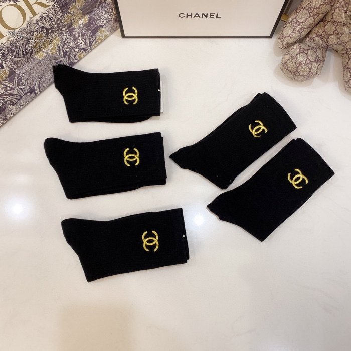 Chanel Socks 5 Pairs with Original Box Luxury Brand Breathable Chanel Sock