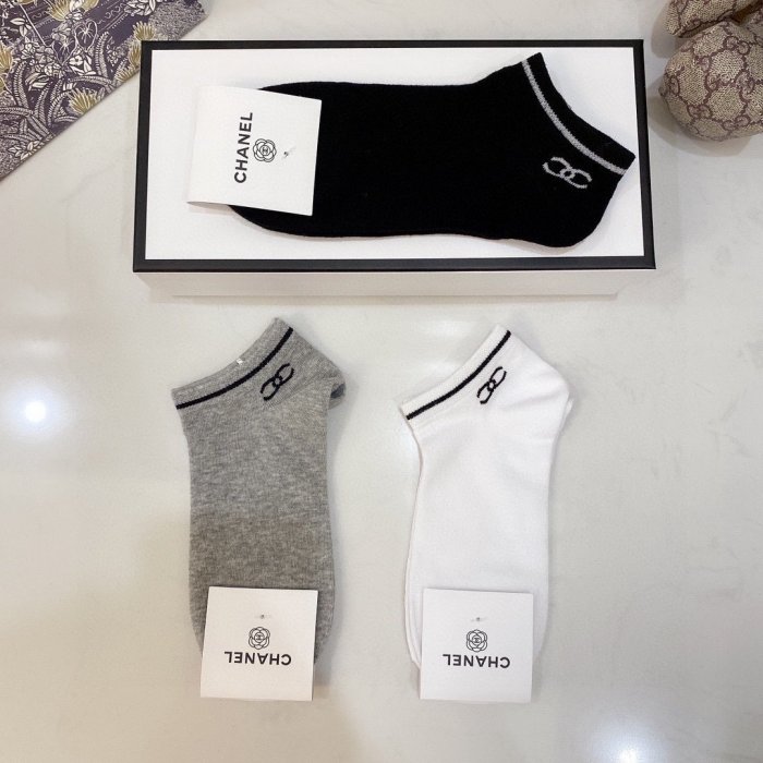 Chanel Socks 3 Pairs with Original Box Luxury Brand Breathable Chanel Sock
