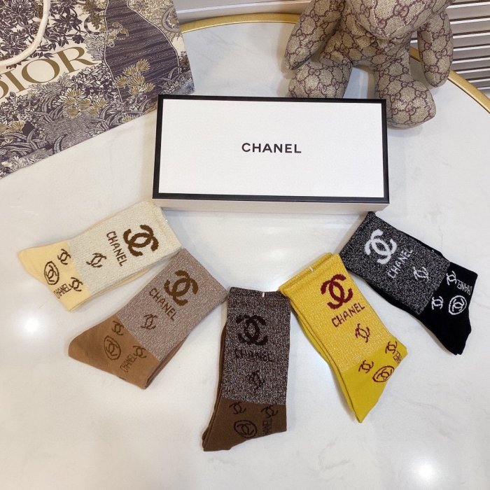 Chanel Socks 5 Pairs with Original Box Luxury Brand Breathable Chanel Sock