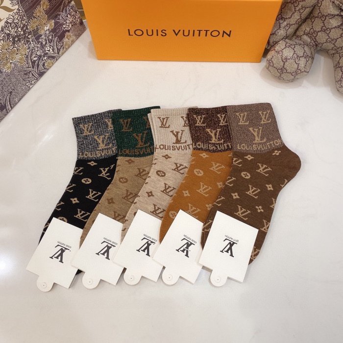 Louis Vuitton Socks 5 Pairs with Original Box Luxury Brand Breathable LV Sock