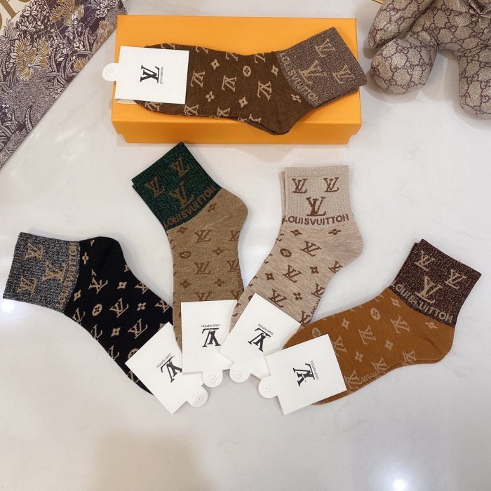 Louis Vuitton Socks 5 Pairs with Original Box Luxury Brand Breathable LV Sock