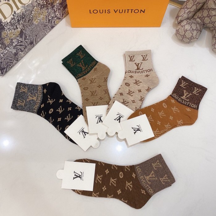 Louis Vuitton Socks 5 Pairs with Original Box Luxury Brand Breathable LV Sock
