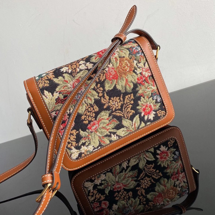 Celine Womens Bag TEEN TRIOMPHE BAG IN FLORAL JACQUARD AND CALFSKIN