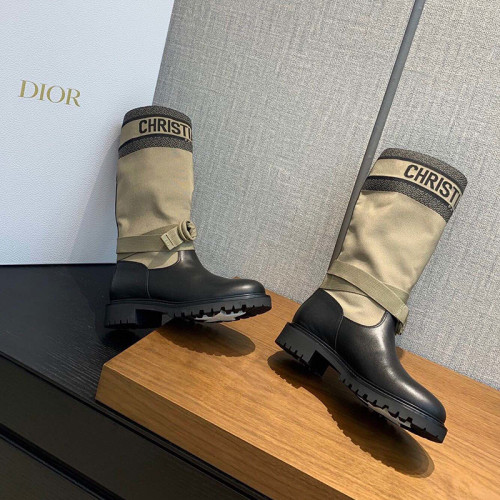 Dior Women Shoes Boots Luxury Brand Design Knee Length Boots Fashion Type D-MAJOR BOOT Taupe and Black Technical Fabric and Black Calfskin