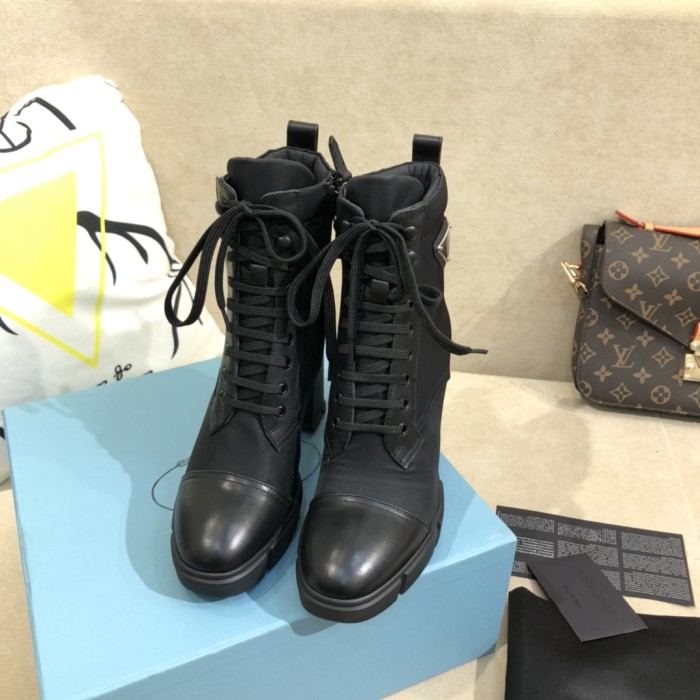 Prada Women Shoes Boots Luxury Brand Monolith Patent Leather Booties Ankle Boots for Women with Original Box