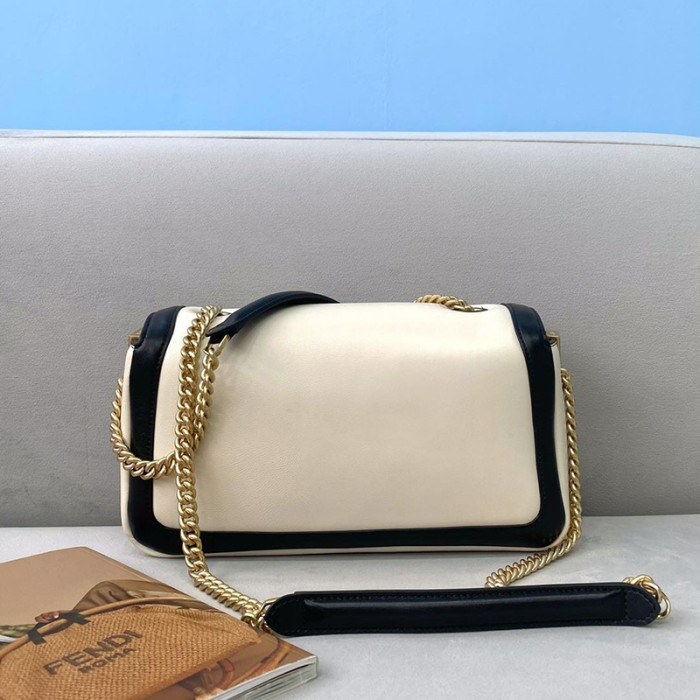 Fendi Womens Bag BAGUETTE CHAIN Black and White Nappa Leather Bag