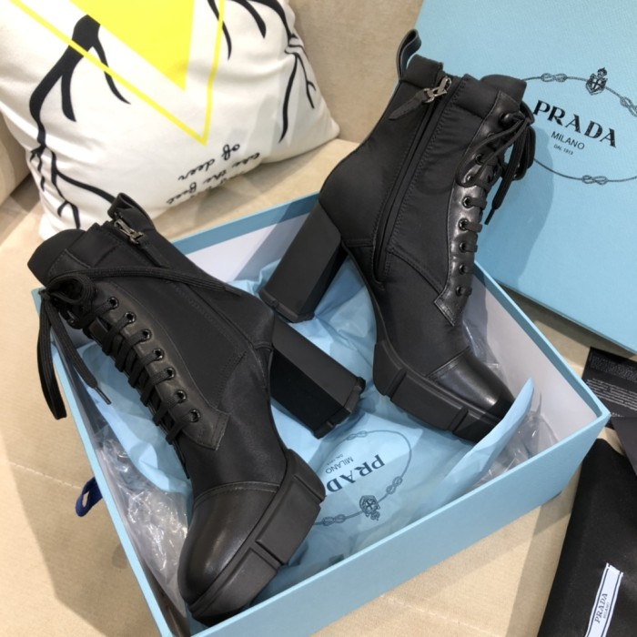 Prada Women Shoes Boots Luxury Brand Monolith Patent Leather Booties Ankle Boots for Women with Original Box
