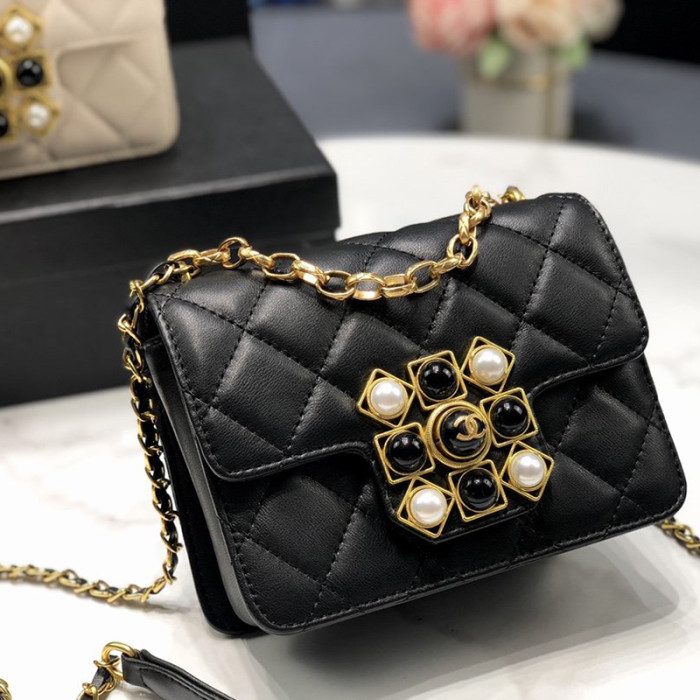 Chanel Womens Bags Small Flap Bag Calfskin, Crystal Pearls, Resin & Gold-Tone Metal