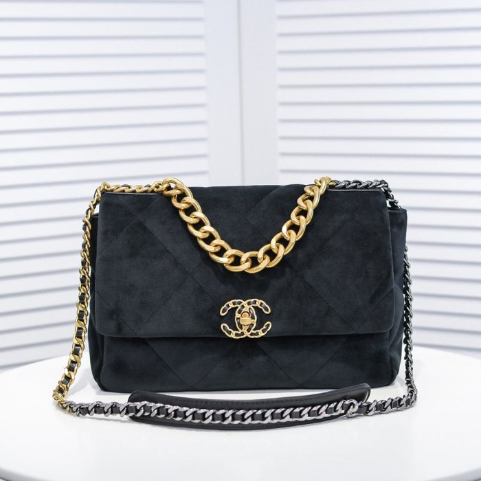 Chanel Womens Bags Crossbody Bag Chanel 19 Flap Bag Velvet, Black & Gold-Tone Metal Black