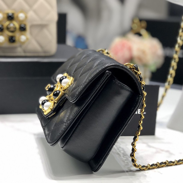 Chanel Womens Bags Small Flap Bag Calfskin, Crystal Pearls, Resin & Gold-Tone Metal