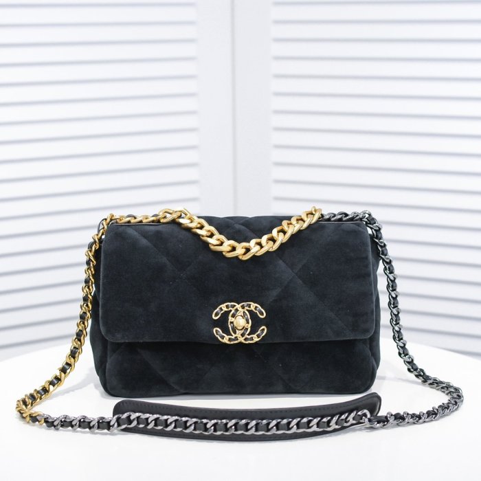 Chanel Womens Bags Crossbody Bag Chanel 19 Flap Bag Velvet, Black & Gold-Tone Metal Black