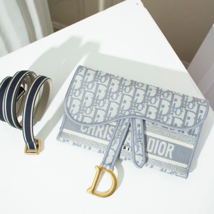 Dior Womens Bags SADDLE SLIM POUCH Gray Dior Oblique Embroidery S5647CRIW_M932 with Original Box