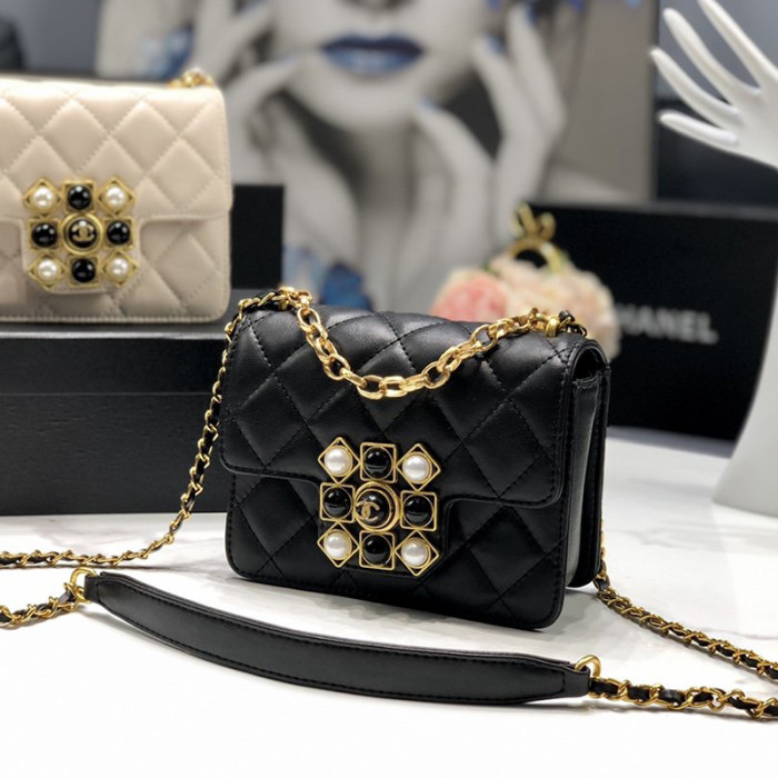 Chanel Womens Bags Small Flap Bag Calfskin, Crystal Pearls, Resin & Gold-Tone Metal