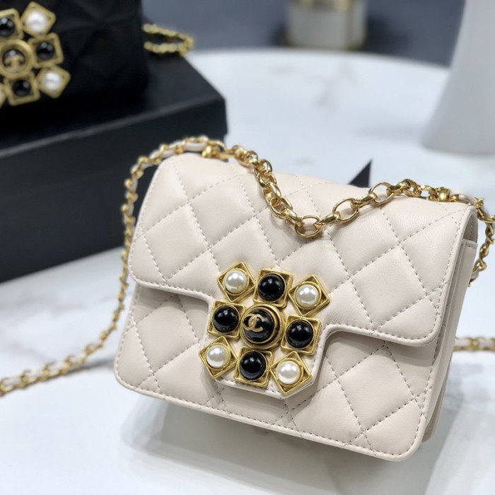 Chanel Womens Bags Small Flap Bag Calfskin, Crystal Pearls, Resin & Gold-Tone Metal