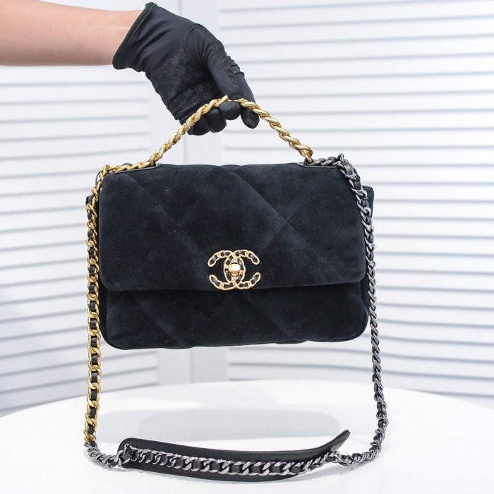 Chanel Womens Bags Crossbody Bag Chanel 19 Flap Bag Velvet, Black & Gold-Tone Metal Black